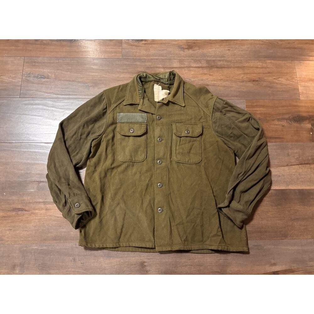 Vintage US Army Shirt Mens Medium Cold Weather Field Wool Olive Green 70s - Picture 2 of 12